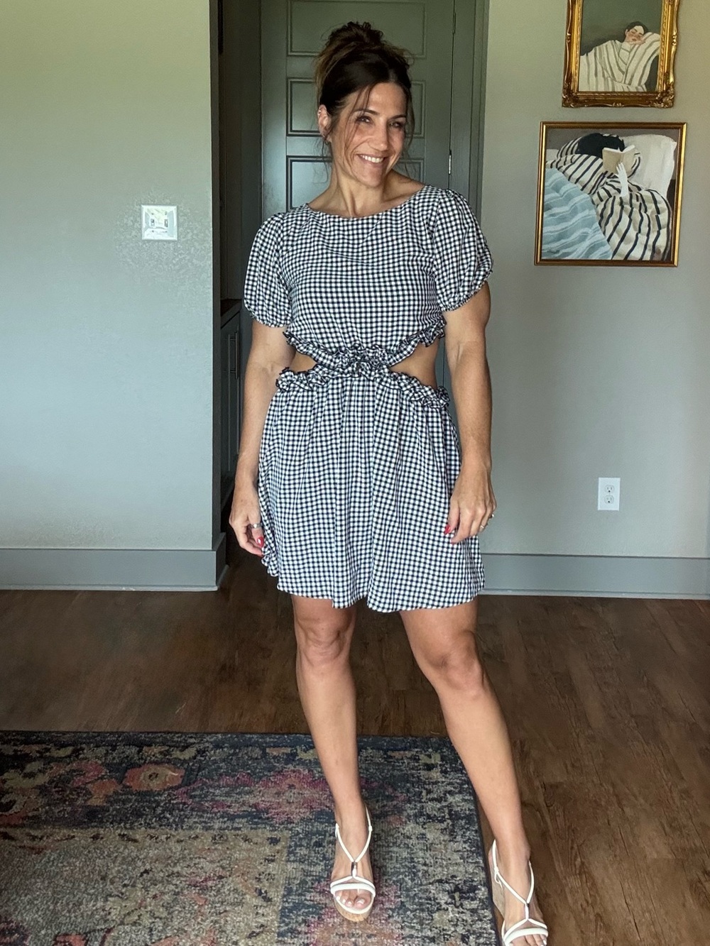 Lalavon Gingham Cutout Mini Dress | Puff Sleeve Cottagecore Size L